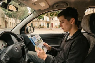 Étudiant en auto-école révisant son code de la route dans une voiture, avec un bourg du Tarn-et-Garonne en arrière-plan