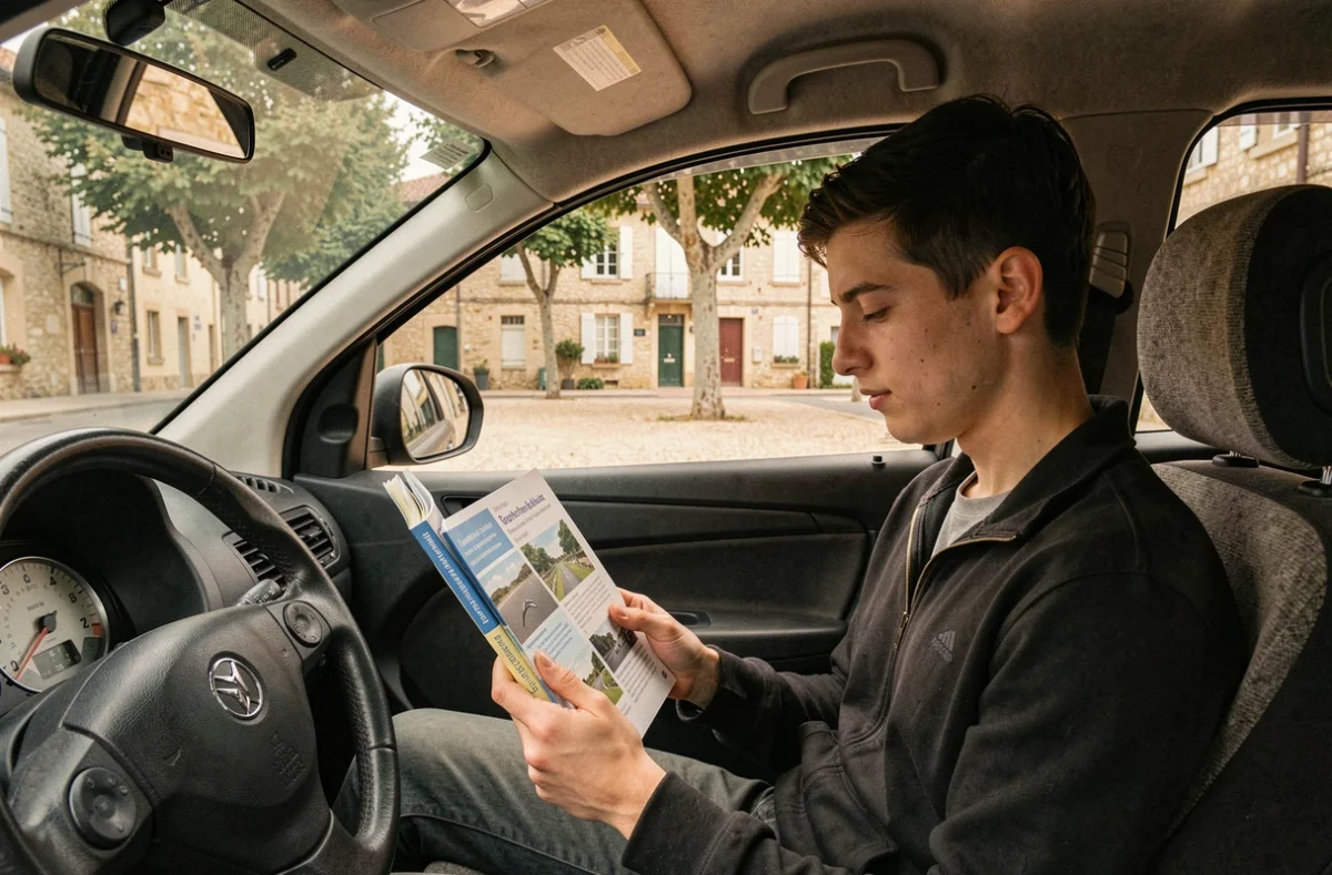 Étudiant en auto-école révisant son code de la route dans une voiture, avec un bourg du Tarn-et-Garonne en arrière-plan