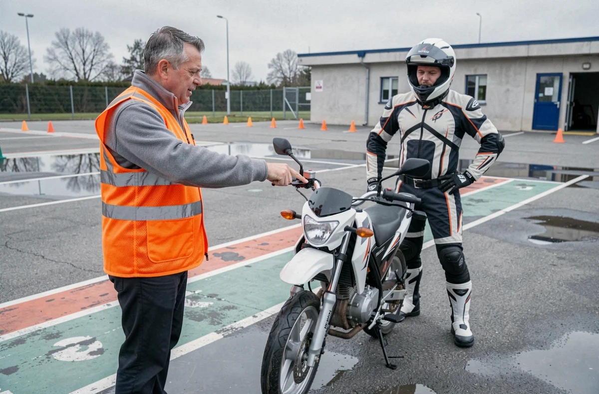 Moniteur d'auto-école moto expliquant les caractéristiques d'une 125cc à un élève dans un centre de formation