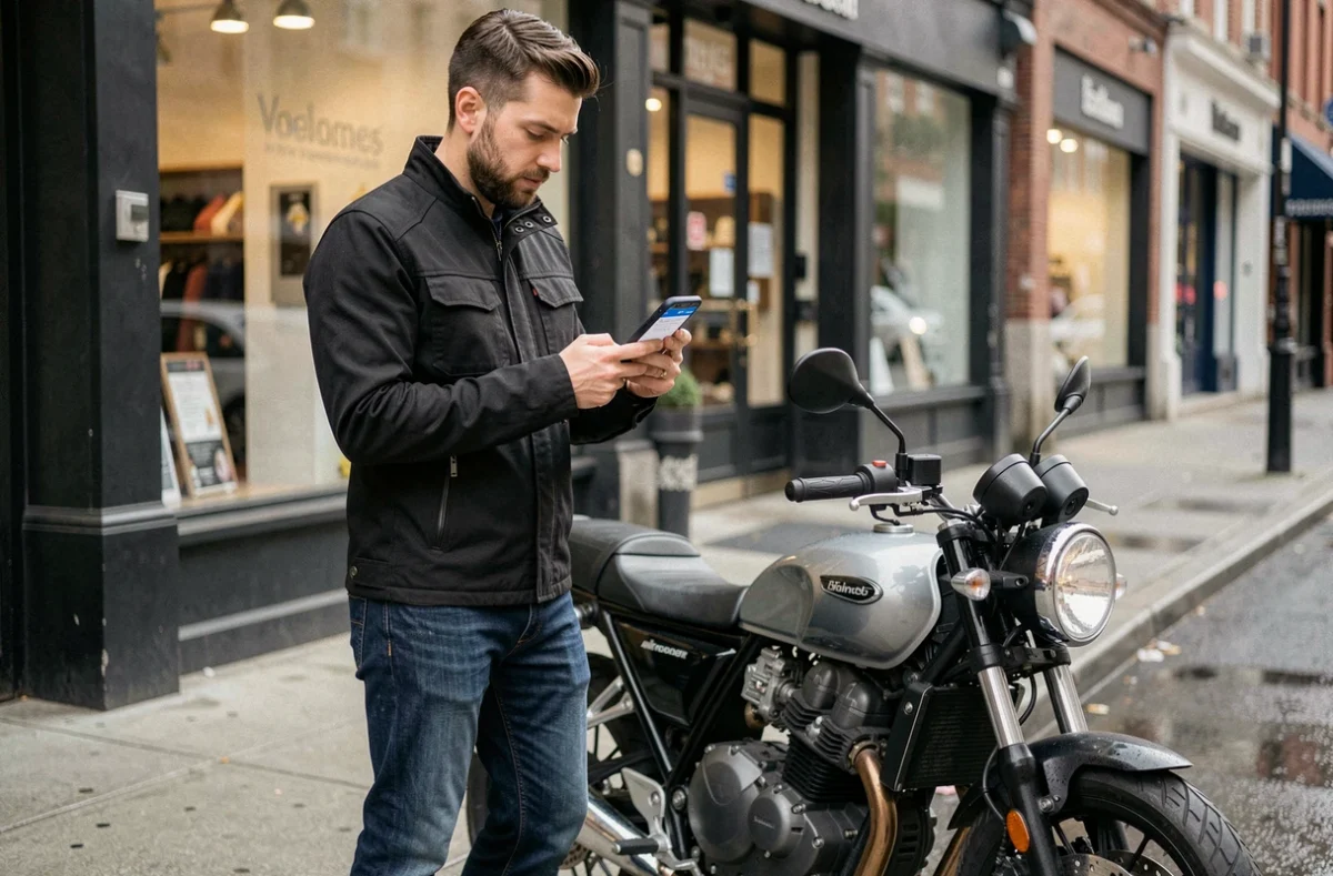 Motard consultant une comparaison d'assurances moto 500cc sur son smartphone en milieu urbain