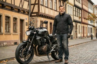 Motard en veste textile noire debout près de sa moto dans une rue pavée de Strasbourg avec des maisons alsaciennes en arrière-plan
