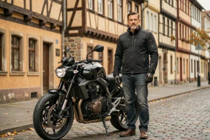 Motard en veste textile noire debout près de sa moto dans une rue pavée de Strasbourg avec des maisons alsaciennes en arrière-plan