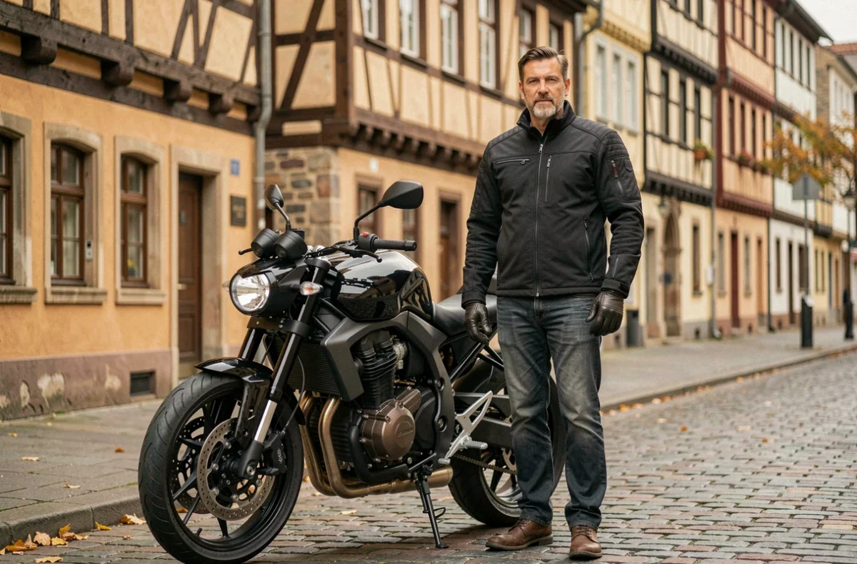 Motard en veste textile noire debout près de sa moto dans une rue pavée de Strasbourg avec des maisons alsaciennes en arrière-plan