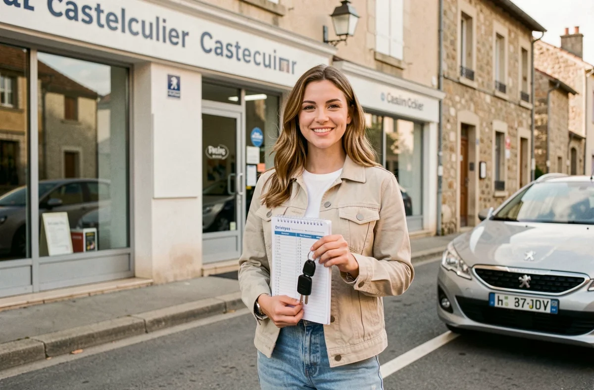 Étudiante souriante devant l'auto-école Nouvelle Conduite à Castelculier avec ses clés de voiture