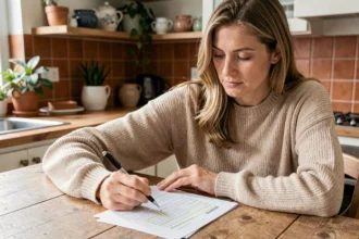 Femme consultant son contrat d'assurance voiture à la maison pour résilier son assurance sans mauvaise surprise