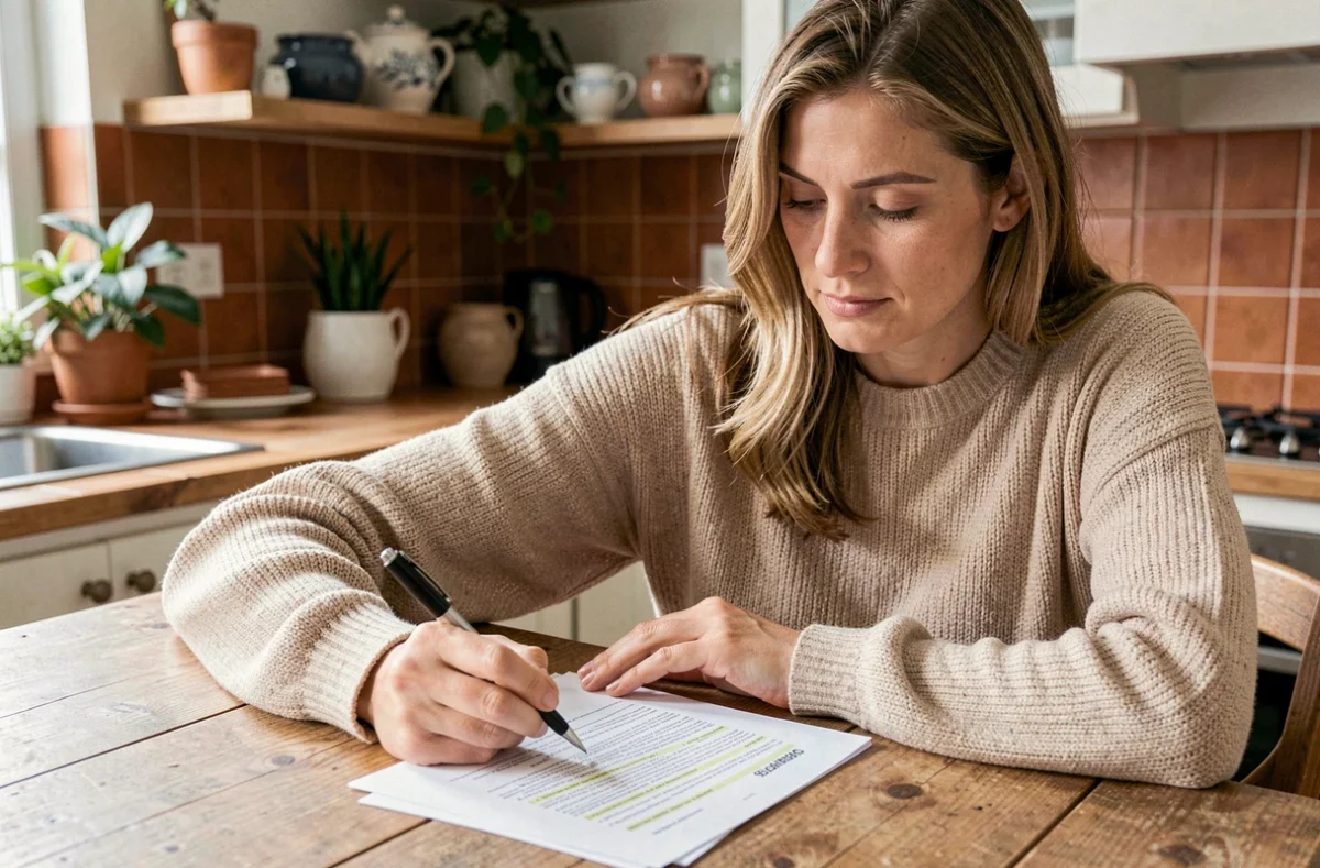 Femme consultant son contrat d'assurance voiture à la maison pour résilier son assurance sans mauvaise surprise