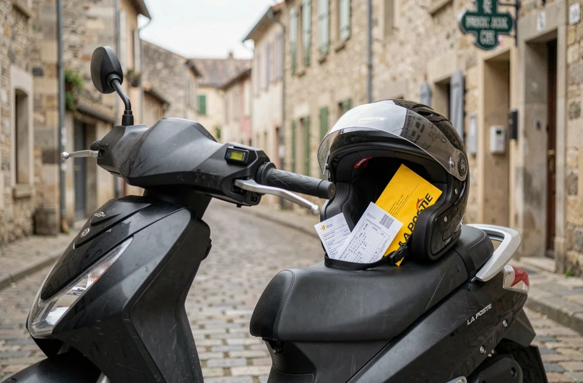 Scooter urbain garé avec un casque et des documents d'assurance La Poste sur une rue pavée française