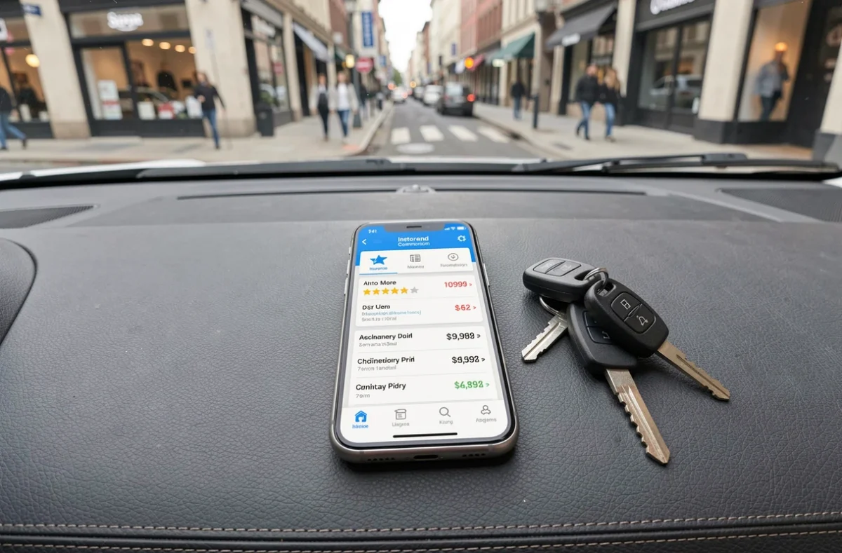 Smartphone sur tableau de bord de voiture affichant un comparateur d'assurance auto avec des tarifs et des assureurs