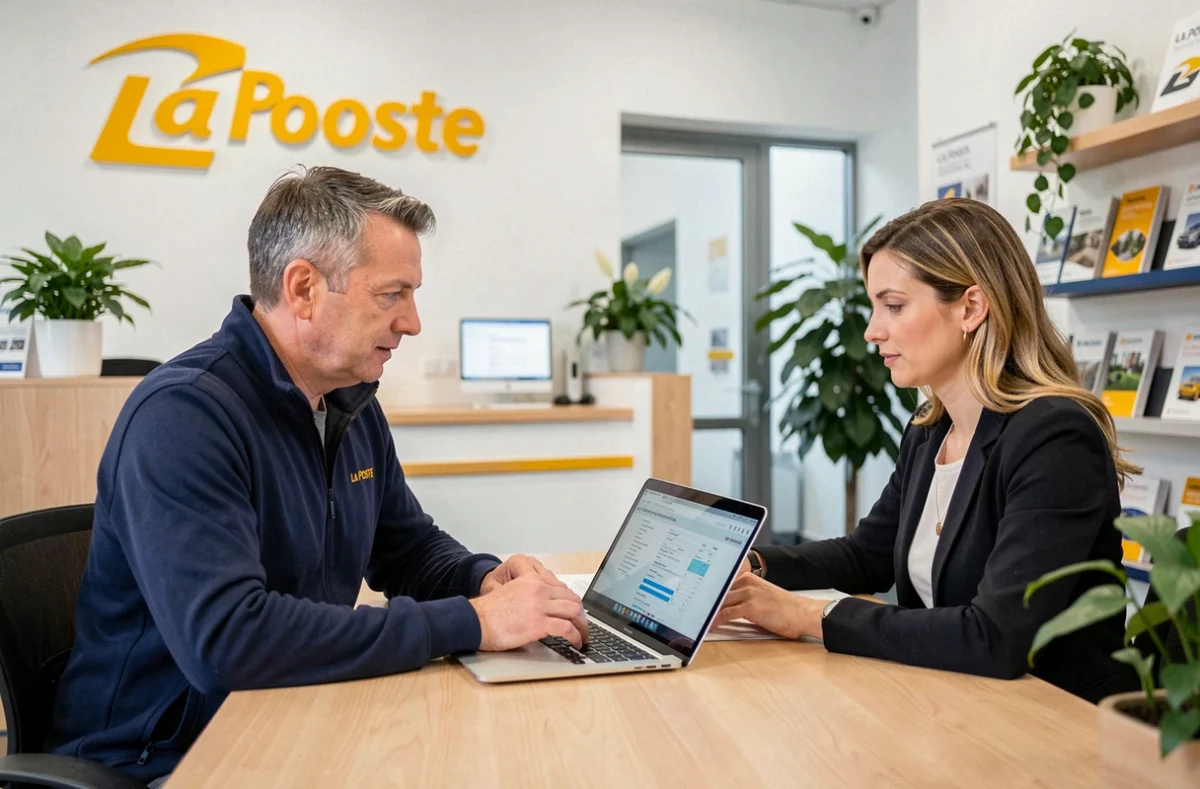 Client et conseiller La Poste discutant d'une souscription d'assurance scooter en agence