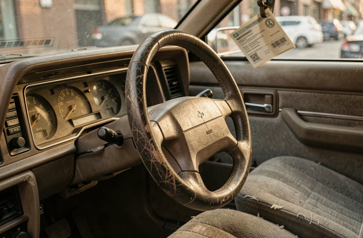 Tableau de bord d'une vieille voiture avec certificat d'assurance glissé dans le pare-soleil