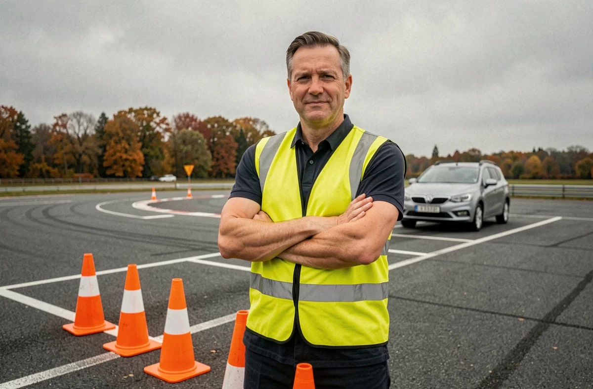 Un moniteur de sécurité routière debout sur un circuit de conduite avec des cônes orange dans les Deux-Sèvres, pour Thimé Sécurité Routière