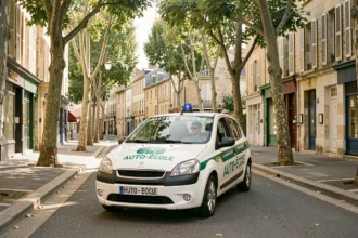 Voiture d'auto-école garée dans une avenue typique du Lot-et-Garonne avec des platanes et des façades en pierre