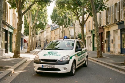 Voiture d'auto-école garée dans une avenue typique du Lot-et-Garonne avec des platanes et des façades en pierre