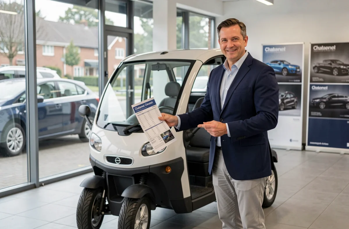 Vendeur en concession Chatenet présentant une voiture avec une brochure tarifaire