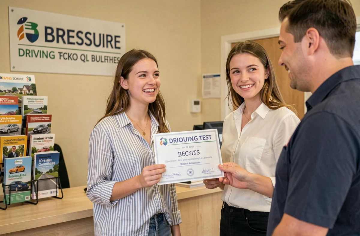 Une jeune femme recevant son certificat de permis de conduire à la réception d'une auto-école à Bressuire, pour Village Conduite