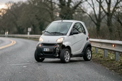 Voiture sans permis accidentée sur le bord d'une route française, pare-chocs endommagé contre une glissière de sécurité