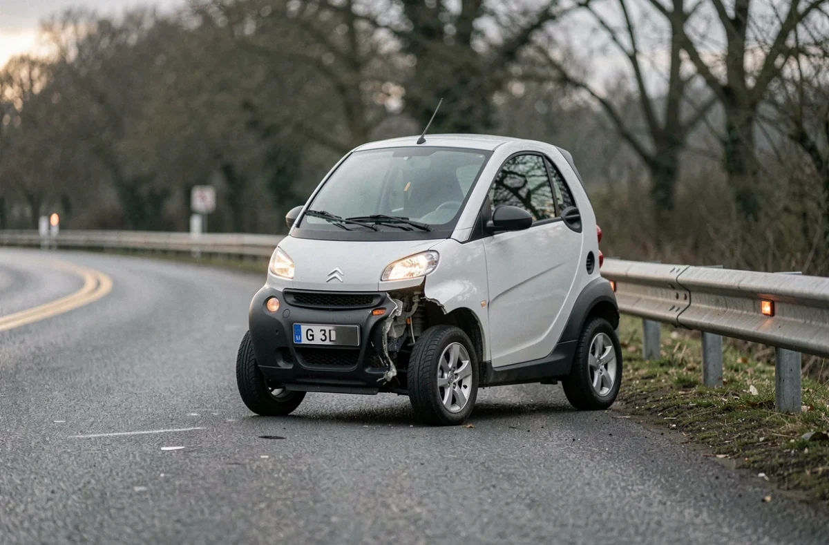 Voiture sans permis accidentée sur le bord d'une route française, pare-chocs endommagé contre une glissière de sécurité
