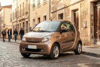 Voiture sans permis d'occasion garée dans une rue pavée du centre-ville de Pau