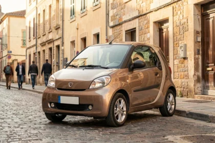 Voiture sans permis d'occasion garée dans une rue pavée du centre-ville de Pau