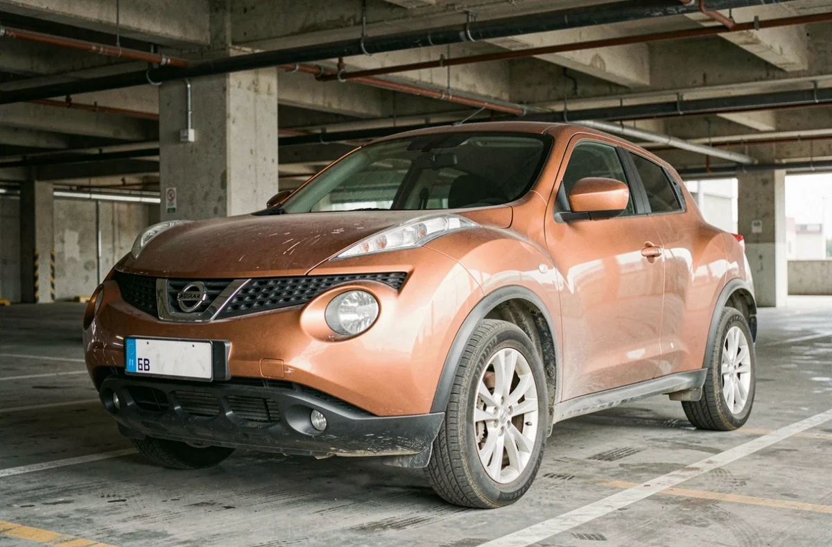 Nissan Juke d'une ancienne année de production présentant des signes d'usure visibles dans un parking urbain