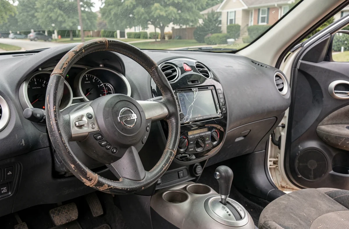 Tableau de bord intérieur usé d'un Nissan Juke d'ancienne génération montrant des défauts de qualité